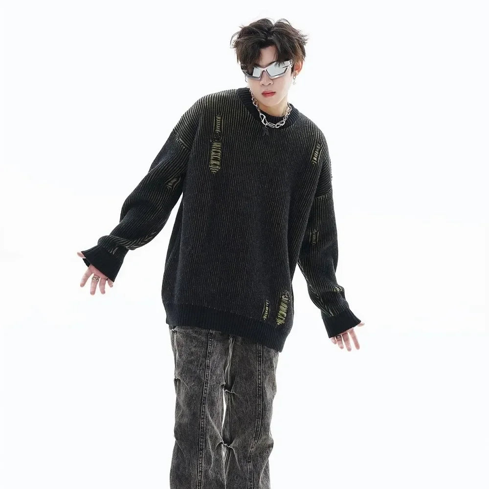 Plated Rib Distressed Sweater-streetwear-techwear