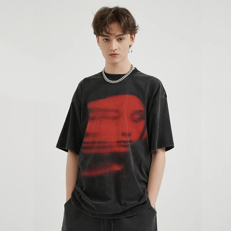 'Red Phantom Face' Acid Wash Graphic T-Shirt-streetwear-techwear