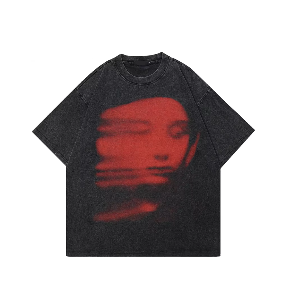 'Red Phantom Face' Acid Wash Graphic T-Shirt-streetwear-techwear