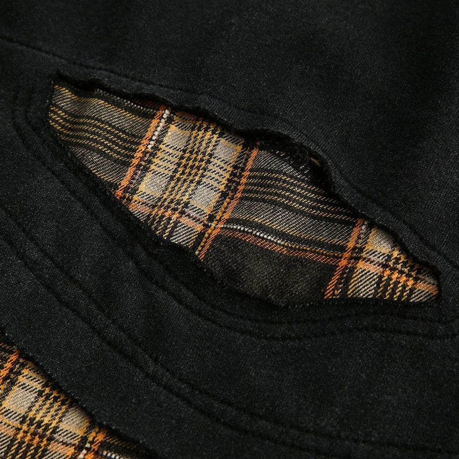 Retro Plaid-Layered Distressed Sweatshirt-streetwear-techwear