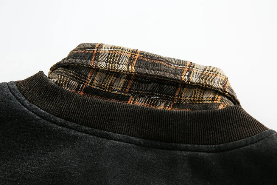 Retro Plaid-Layered Distressed Sweatshirt-streetwear-techwear