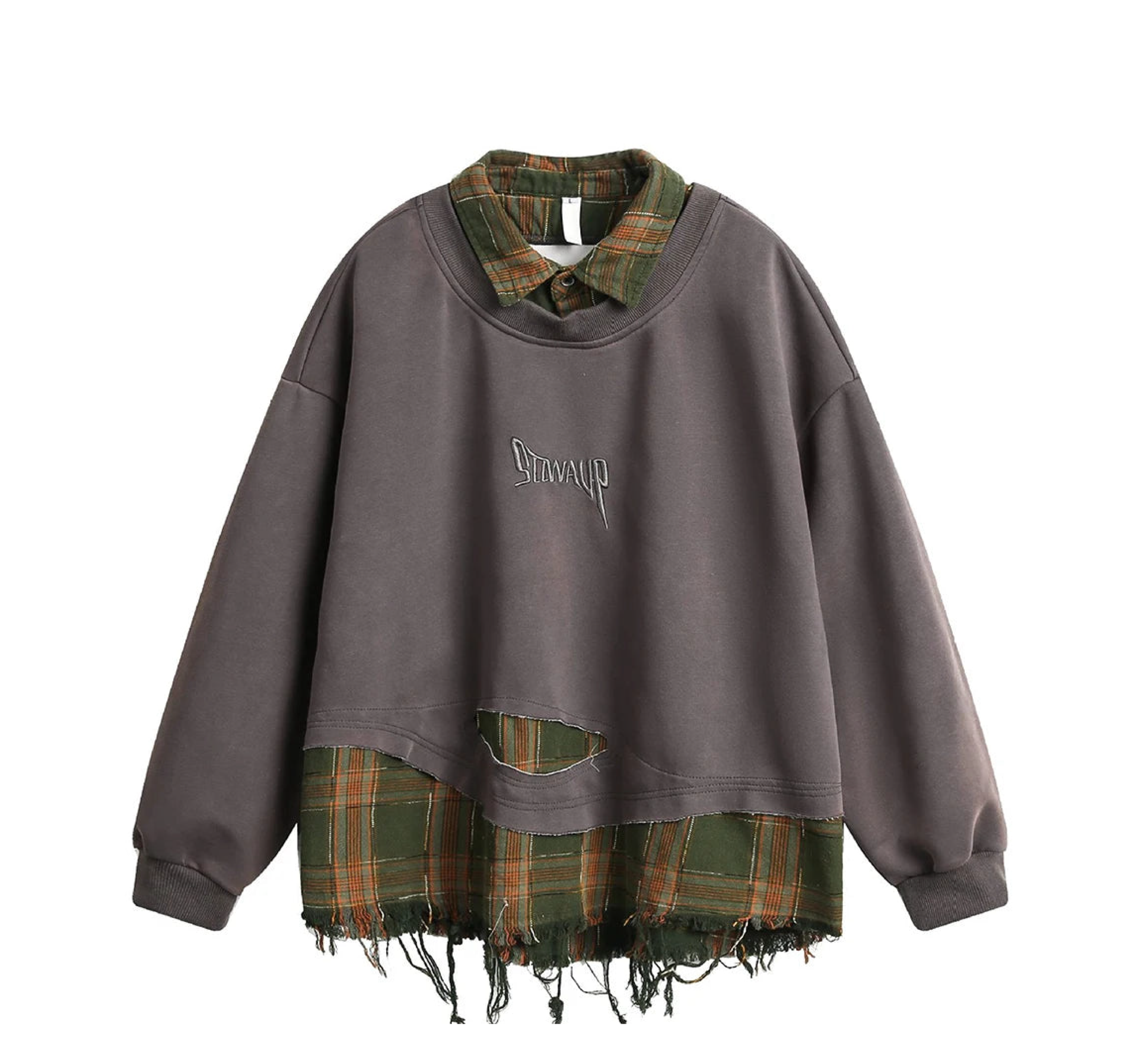 Retro Plaid-Layered Distressed Sweatshirt-streetwear-techwear