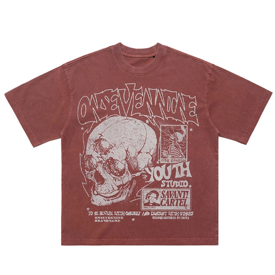 Retro Skulls Washed Graphic T-Shirt-streetwear-techwear