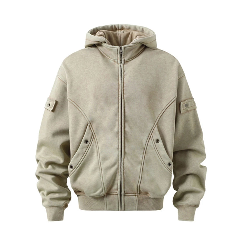 Riveted Acid Wash Zip-up Hoodie-streetwear-techwear