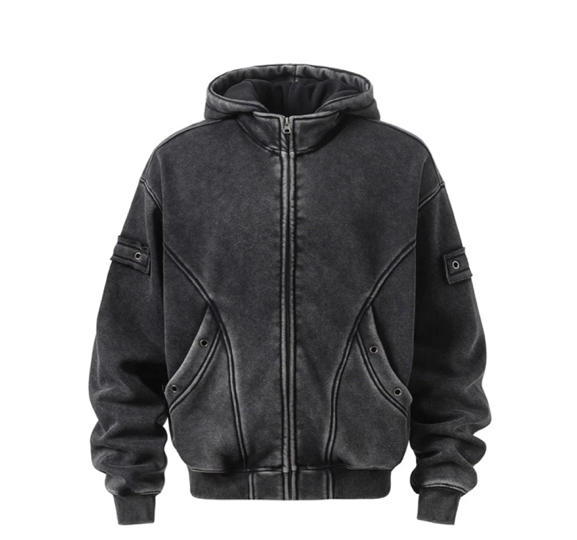 Riveted Acid Wash Zip-up Hoodie-streetwear-techwear