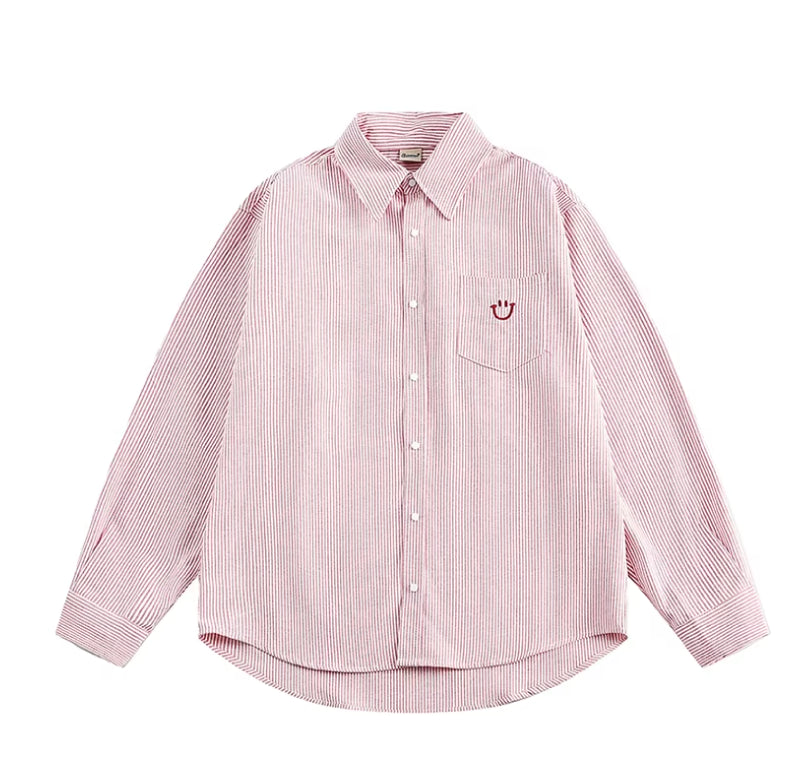 Smiley Face Embroidered Stripe Shirt-streetwear-techwear