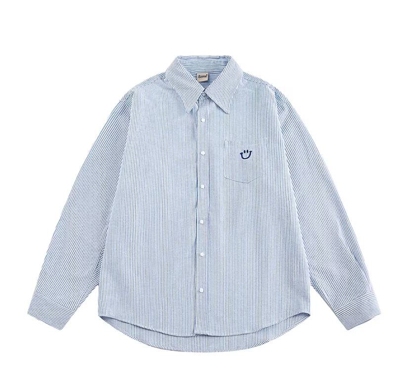 Smiley Face Embroidered Stripe Shirt-streetwear-techwear