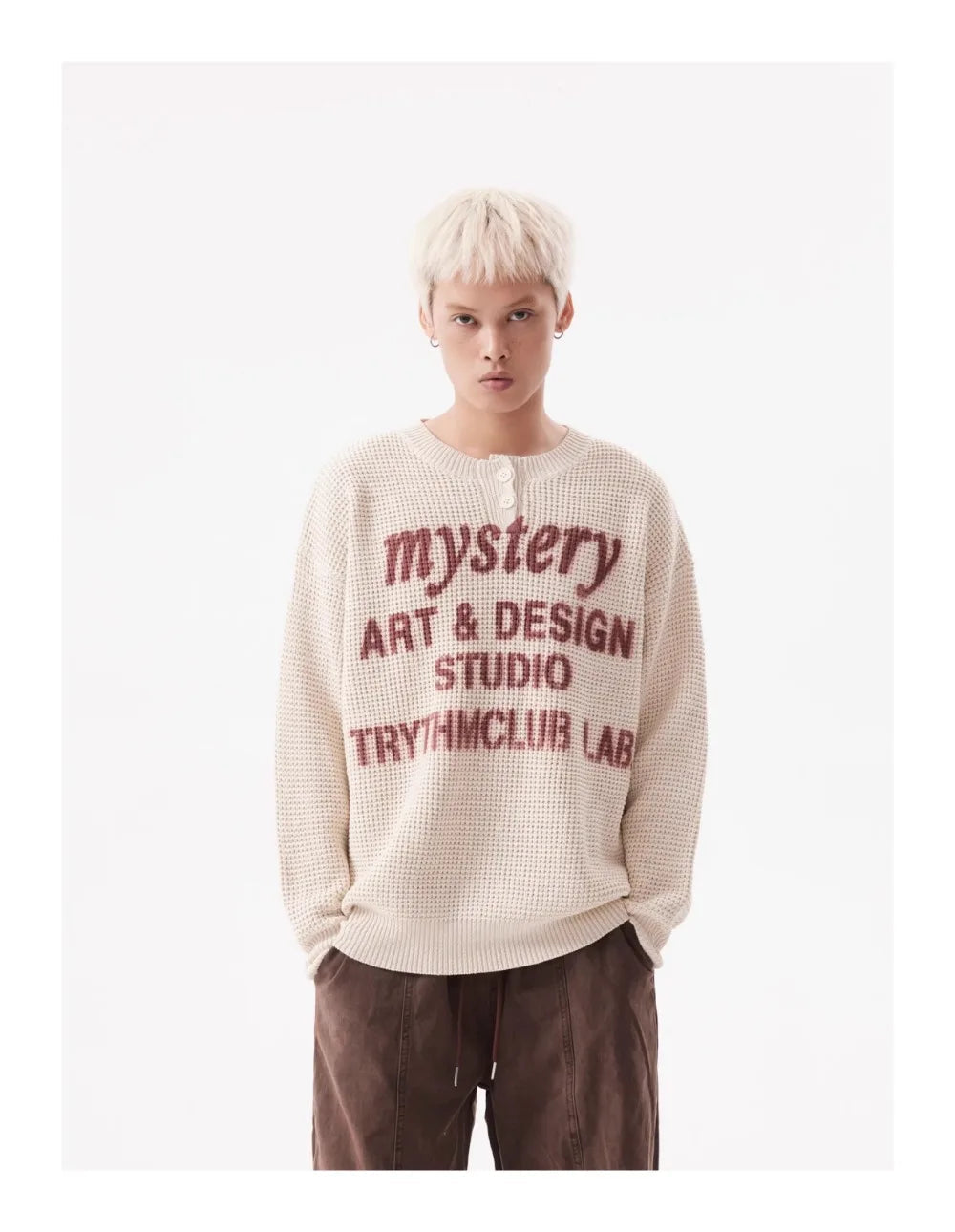 TRYTHM Waffle Knit Slogan Henley Sweater-streetwear-techwear