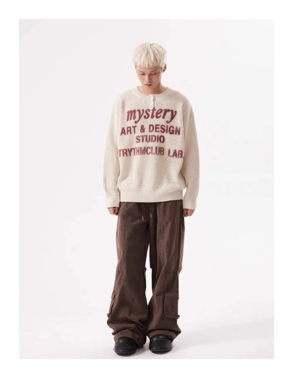 TRYTHM Waffle Knit Slogan Henley Sweater-streetwear-techwear