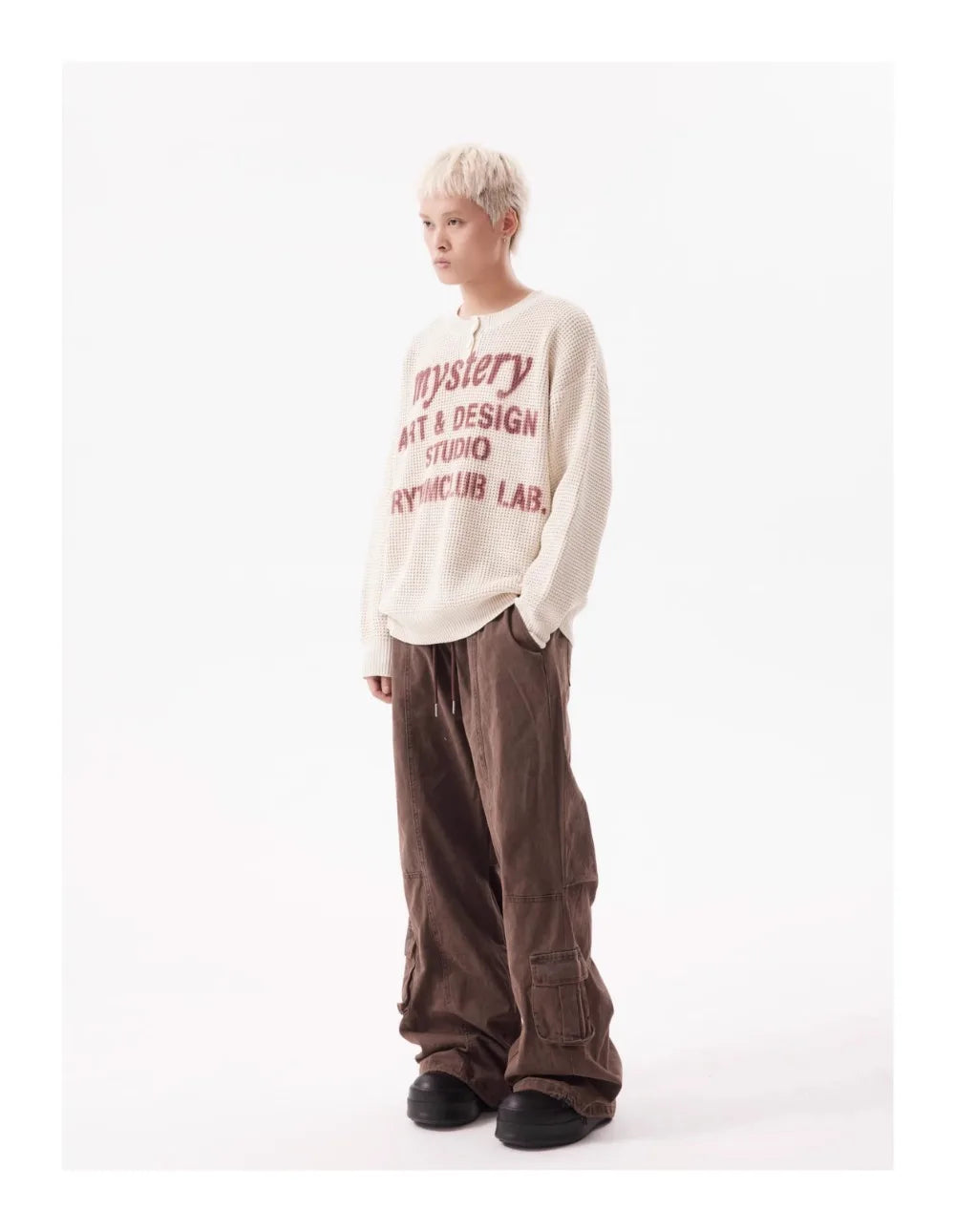 TRYTHM Waffle Knit Slogan Henley Sweater-streetwear-techwear