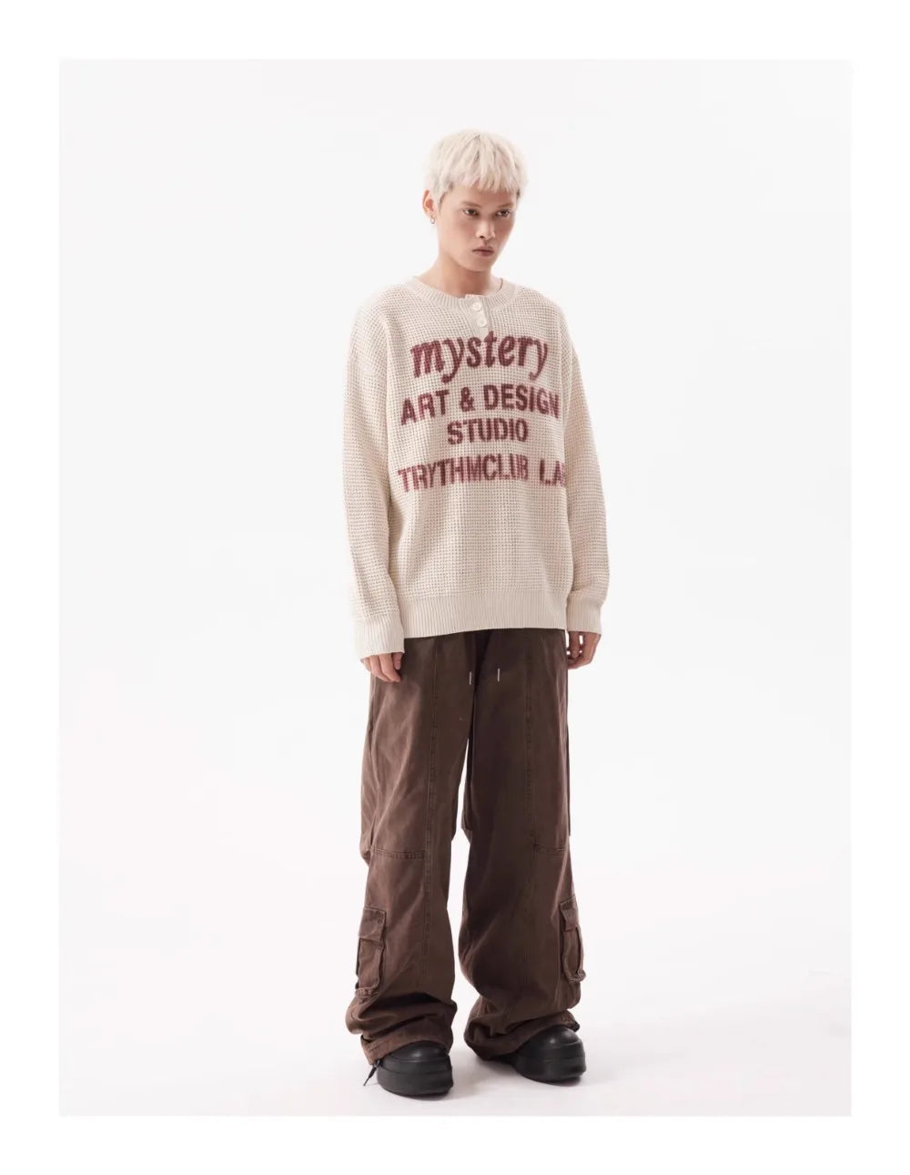 TRYTHM Waffle Knit Slogan Henley Sweater-streetwear-techwear