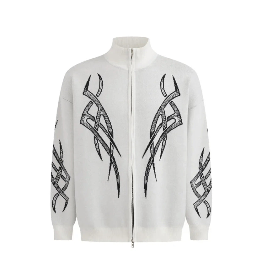 Tribal Intarsia Zip-up Cardigan-streetwear-techwear