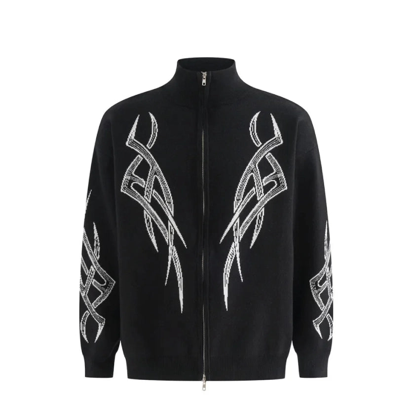 Tribal Intarsia Zip-up Cardigan-streetwear-techwear