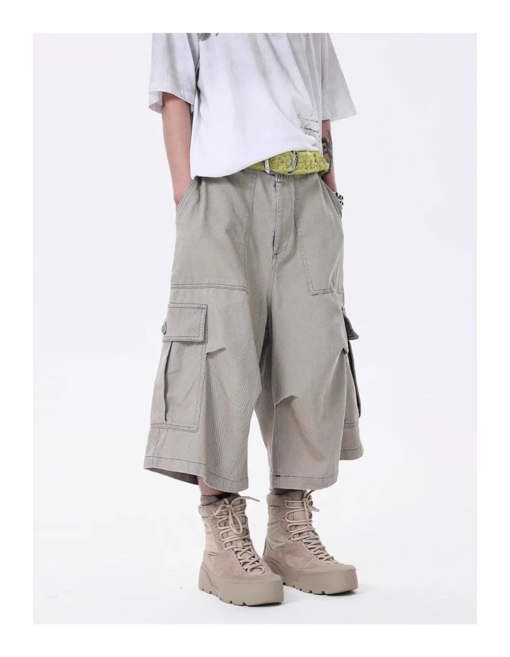 Wide-leg Calf-length Cargo Shorts-streetwear-techwear