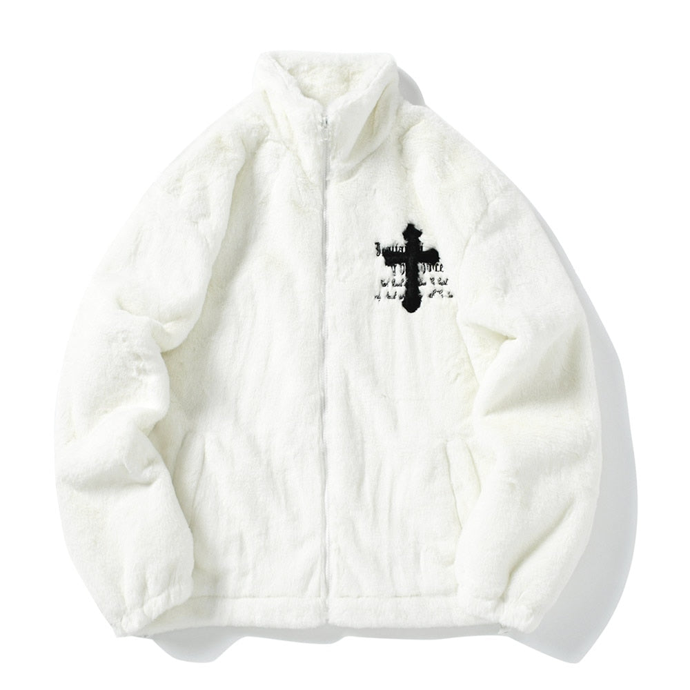 Cross Embroidered Faux Fur Zip-Up Jacket - WHITE / S